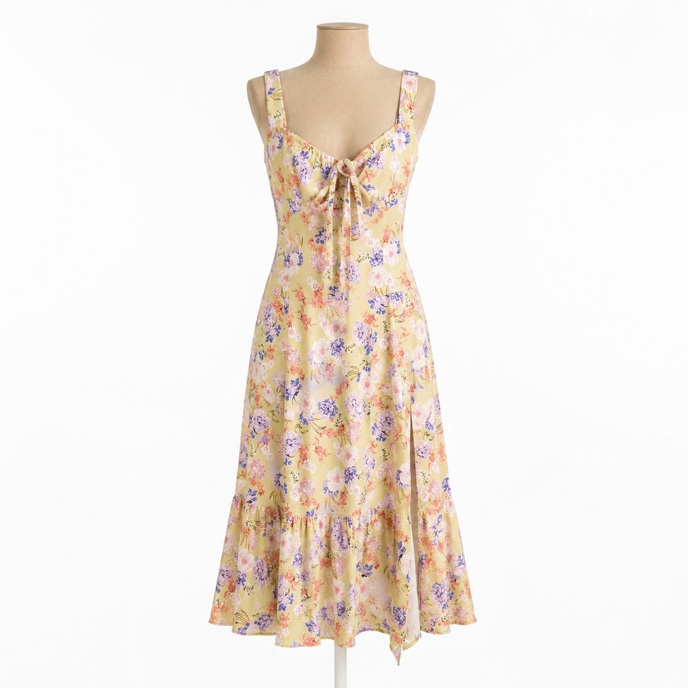 Floral Lace Up Babydoll Dress Size S Corset Slit Cottagecore Garden‎ Fairy Boho